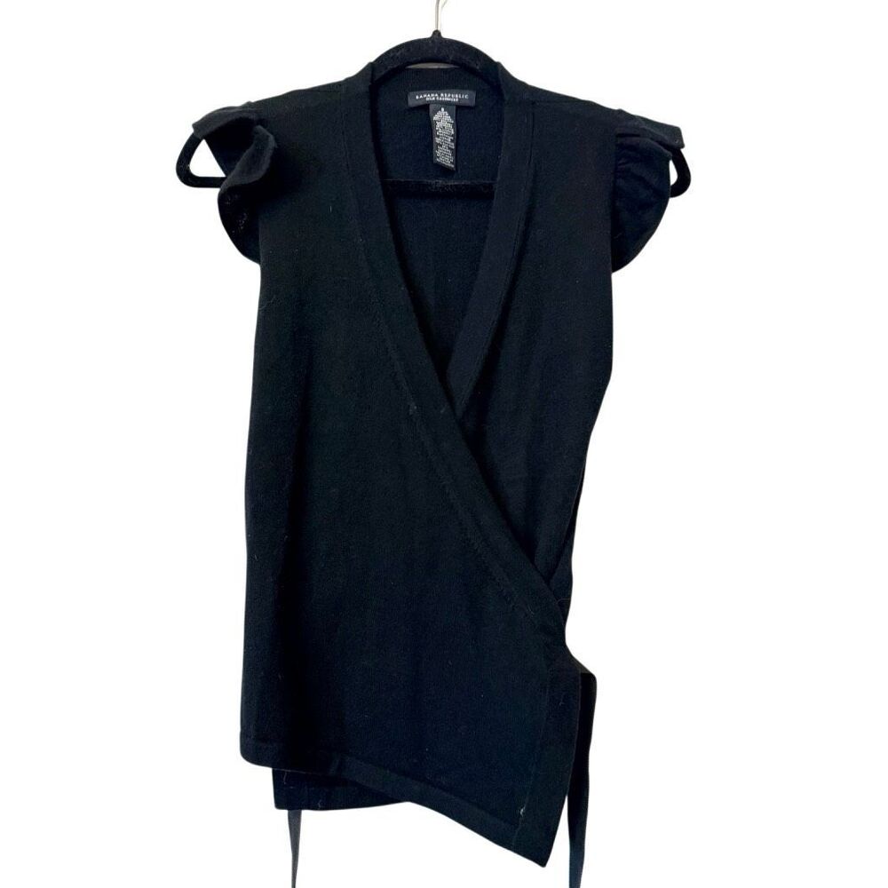 Banana Republic Silk Cashmere Ruffled Sleeves Tie Wrap Sweater Top Black Small